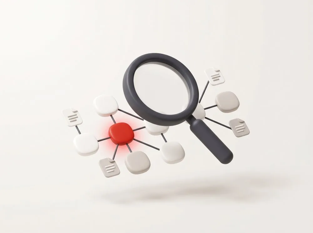 Loupe 3D analysant un réseau de processus métier, un nœud en rouge