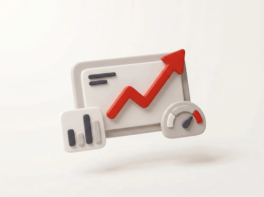 Tableau de bord 3D avec une courbe de résultats en hausse