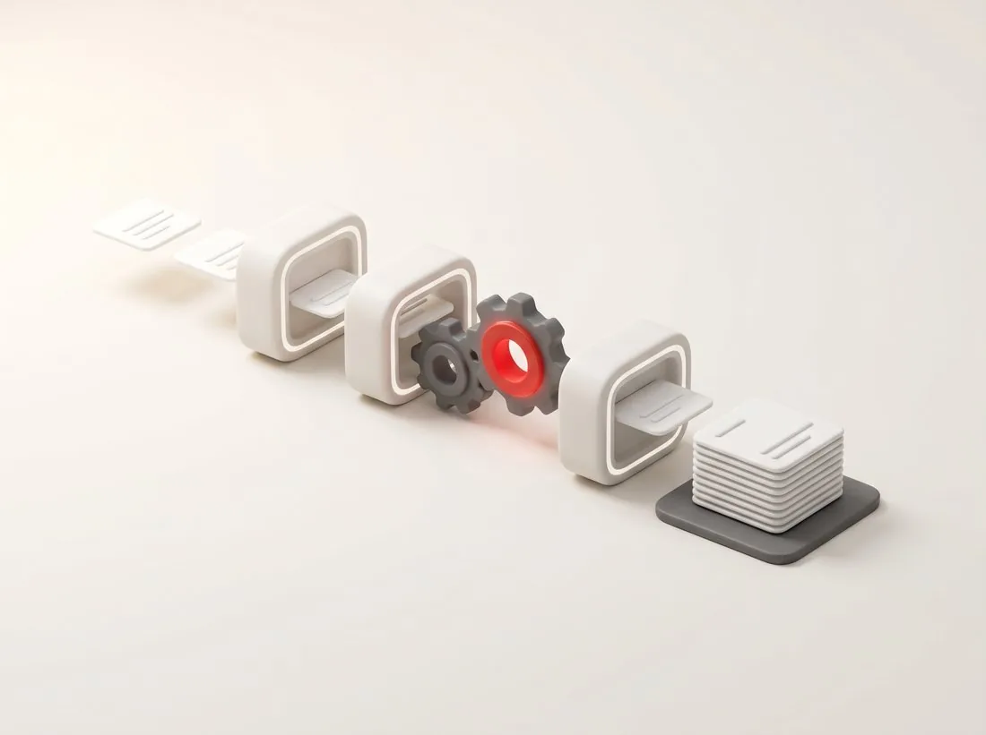 Illustration 3D : automatisation des processus, documents traités automatiquement