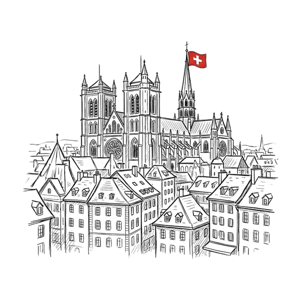 Vieille ville de Genève illustrée au trait, ambiance romande
